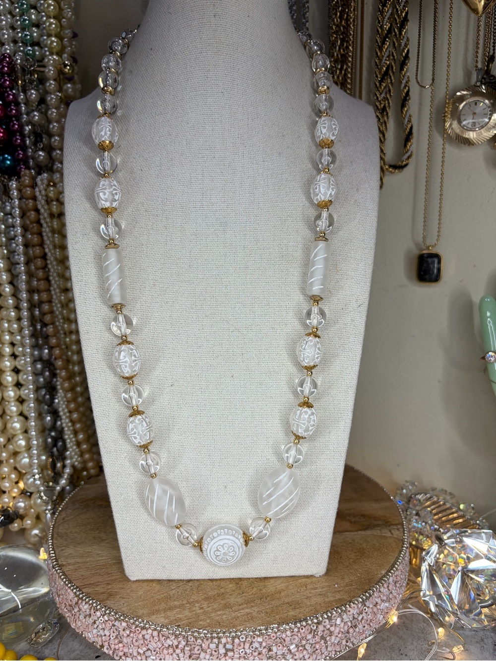 Vintage Acrylic Necklace Clear Frosted Etched Long Gold Tone Jewelry